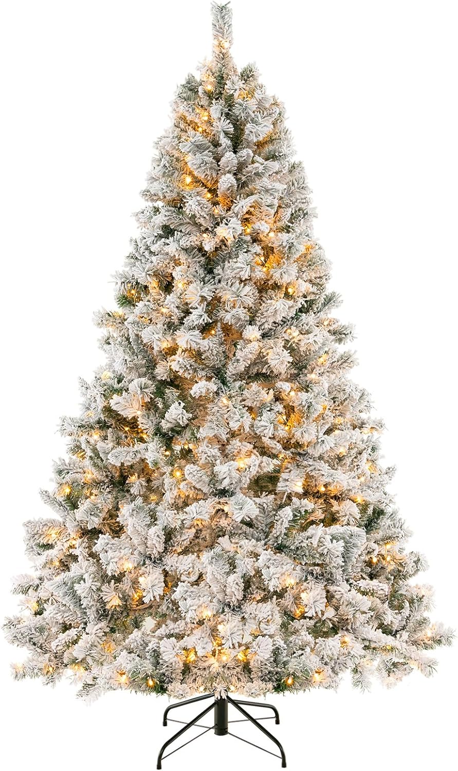 Lucktree 3-Minute-Setup Pre-Lit Snow Flocked Christmas Tree Artificial Hinged Xmas Tree
