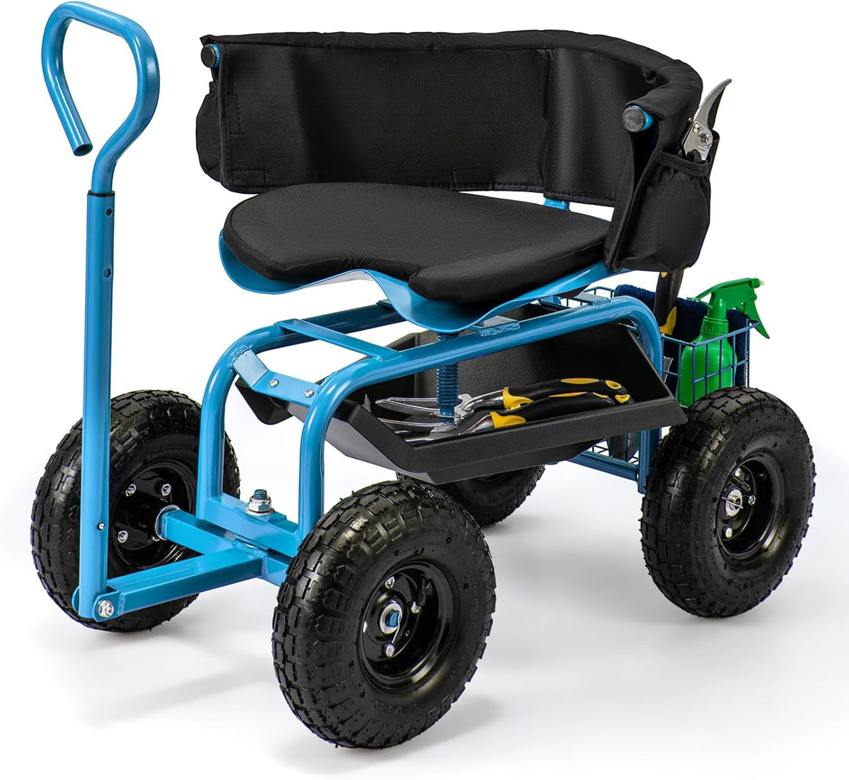 Lucktree Cushioned Rolling Garden Cart Scooter with Storage Basket and Tool Pouch