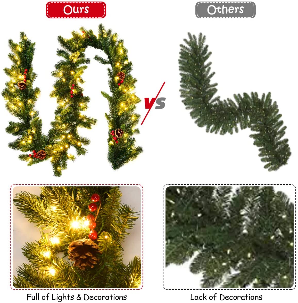 9FT Pre-lit Christmas Garland with 100 LED Lights - LucktreeUS