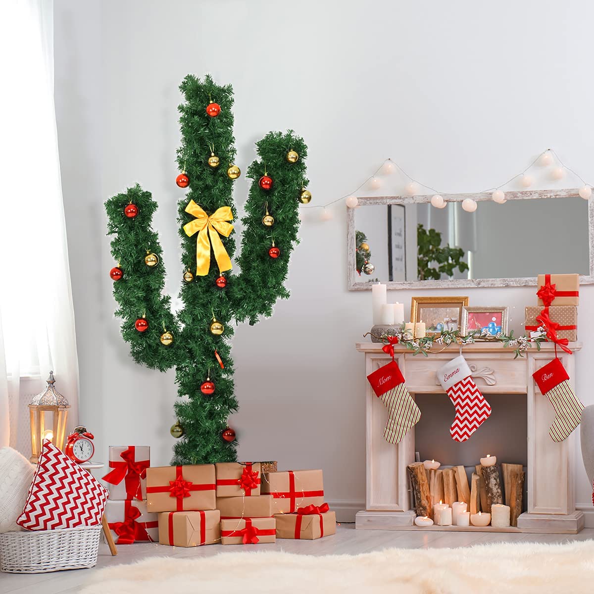 Pre-Lit Artificial Cactus Christmas Tree with LED Lights and Ball Ornaments -  Lucktree