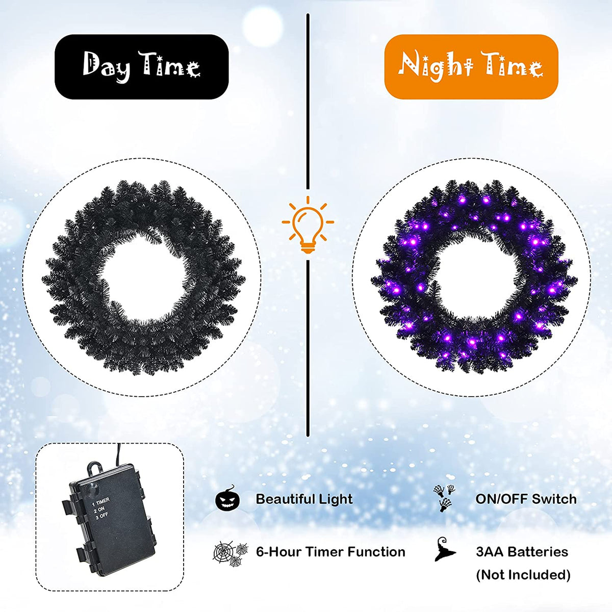 24' Black Halloween Wreath, Pre-lit Artificial Christmas Wreath - LucktreeUS