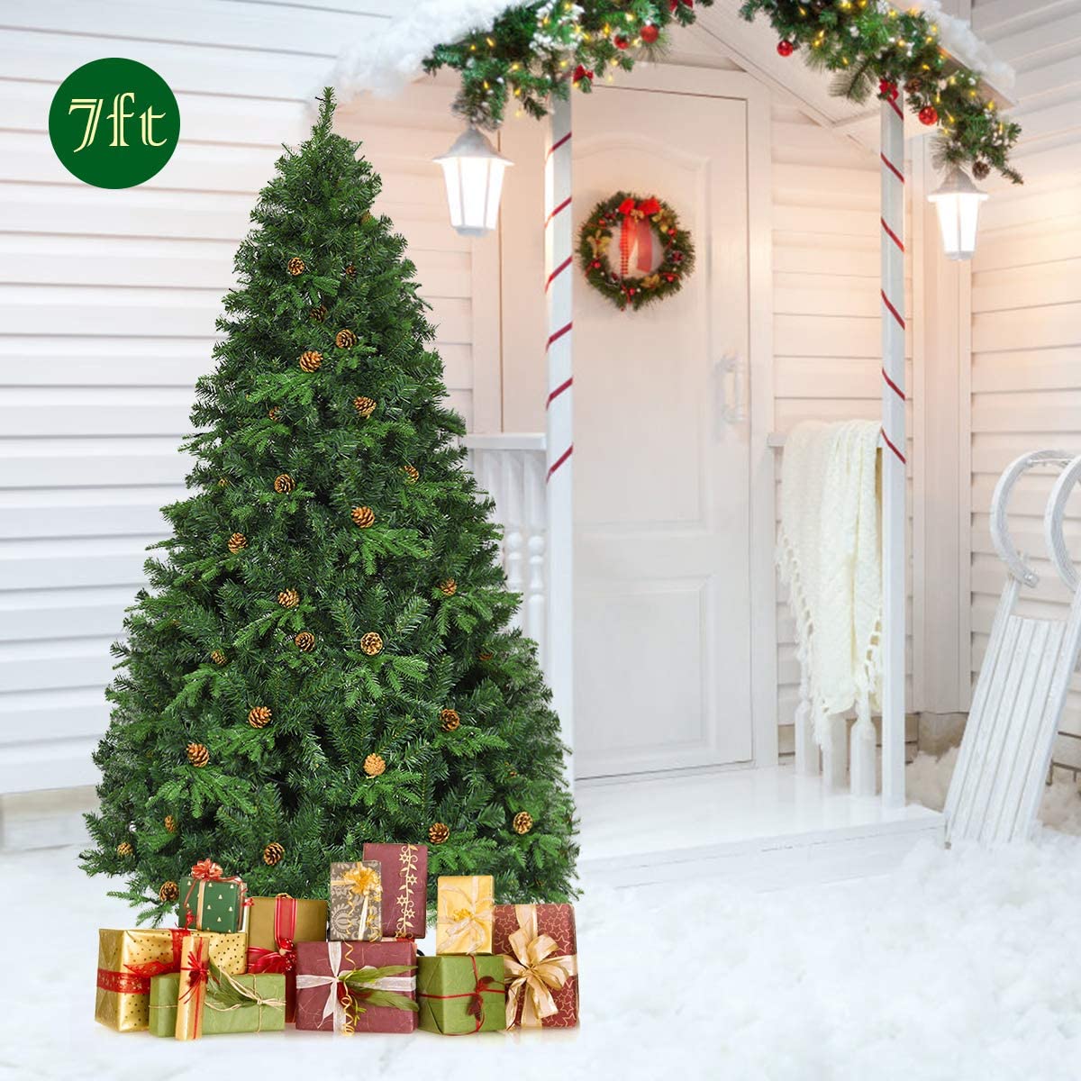 7ft Pre-Lit Artificial Christmas Tree, Premium Spruce Hinged Tree with 460 LED Lights - LucktreeUS