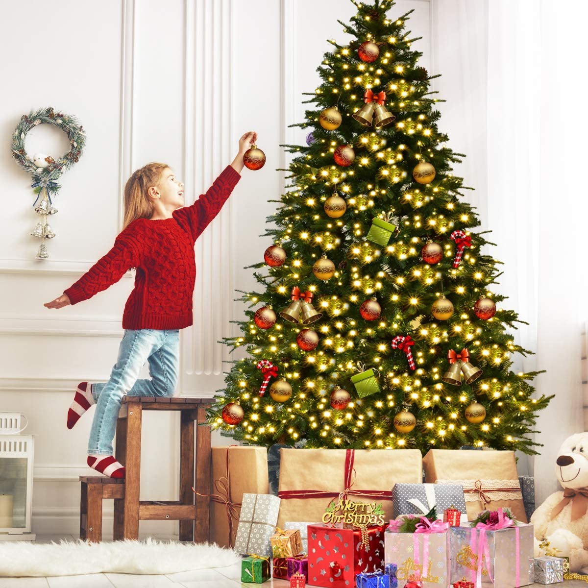 7.5FT Artificial Christmas Tree Pre-Lit Spruce Hinged Tree - LucktreeUS