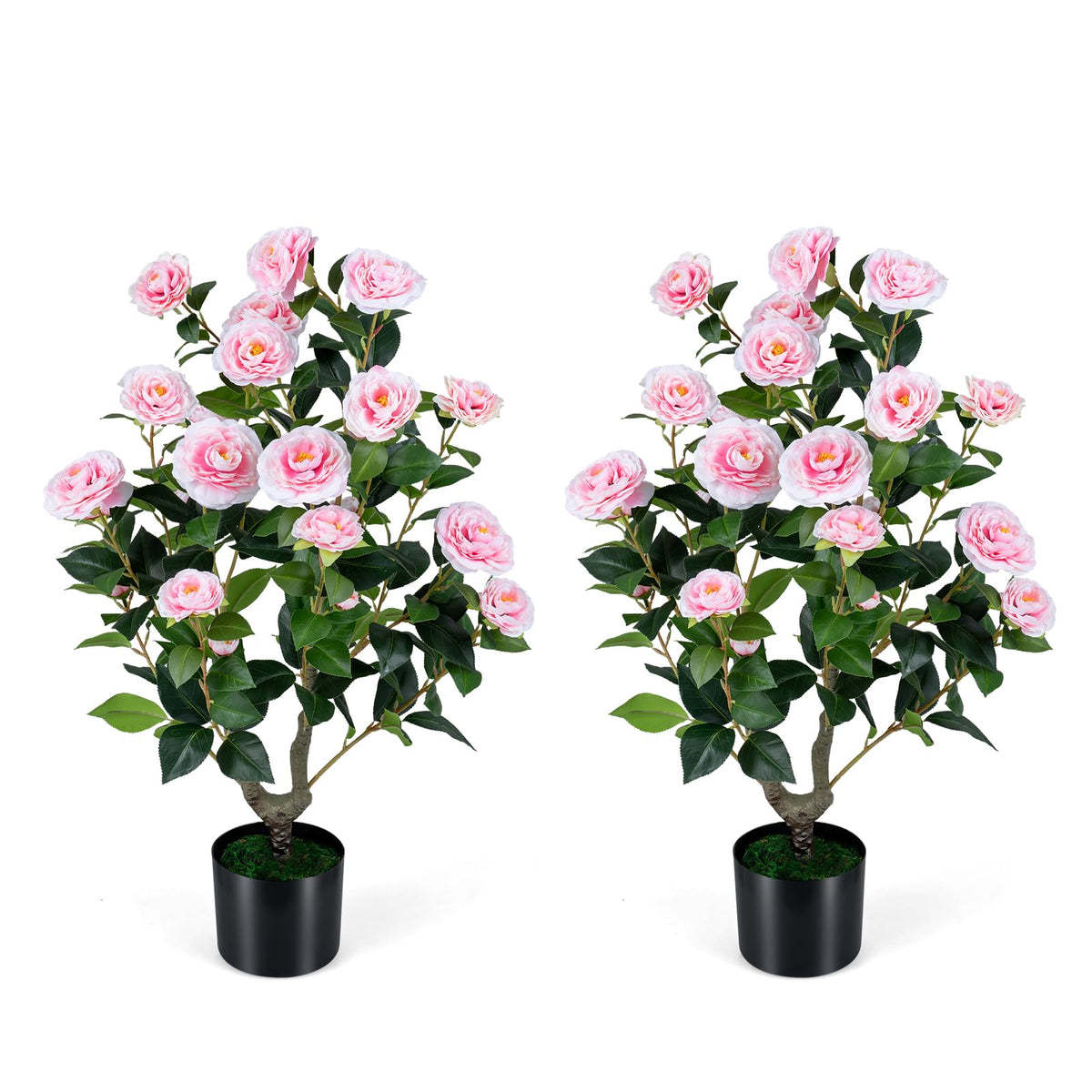 Lucktree 35.5" Artificial Camellia Tree Faux Floral Plant Blooming Tree in Cement Pot