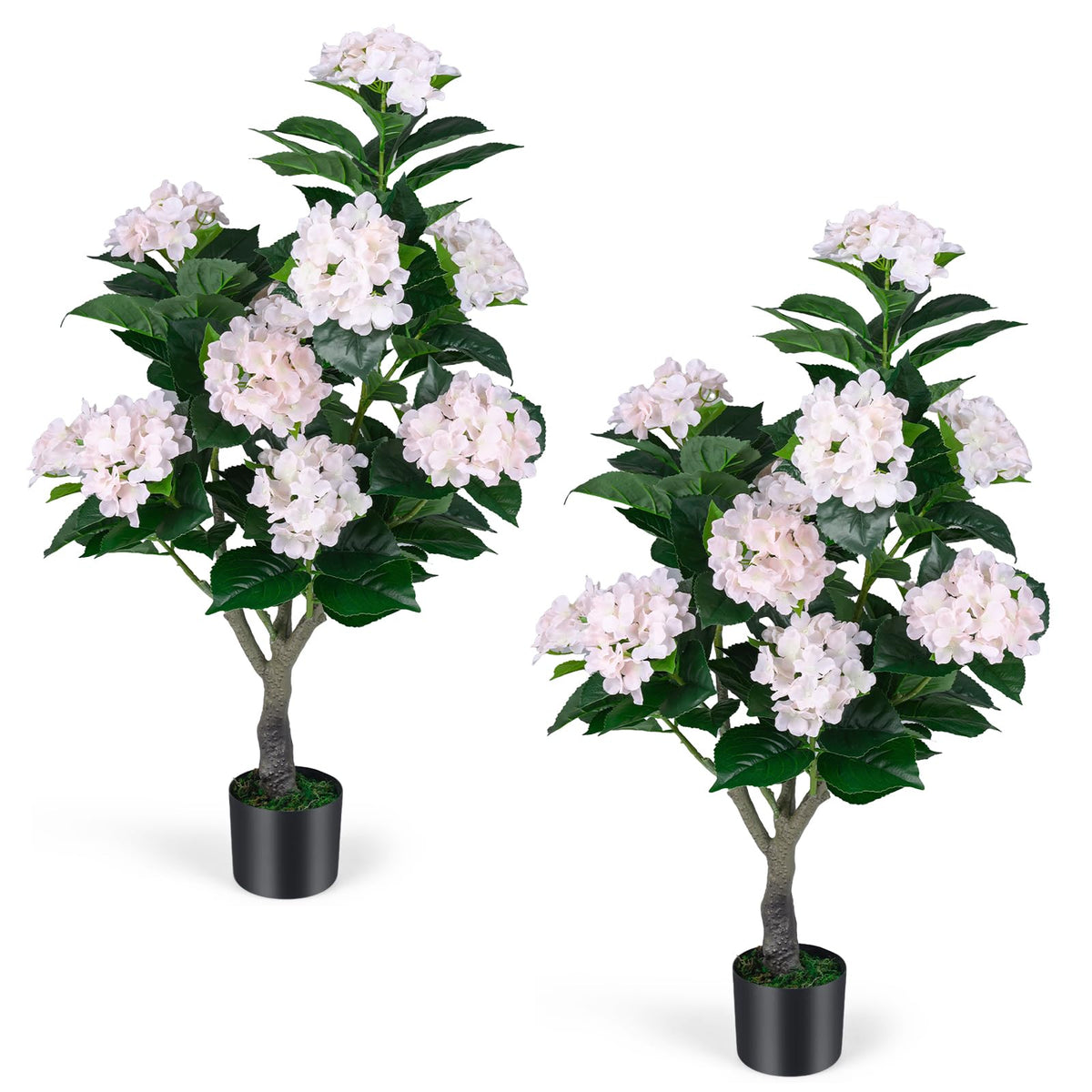 Lucktree 2 Pack Artificial Hydrangea Tree w/11 Flowers & Realistic Trunk in Plastic Nursery Pot