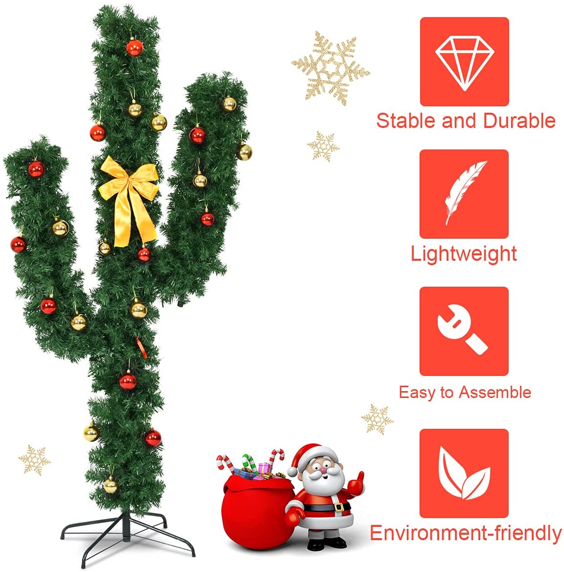Pre-Lit Artificial Cactus Christmas Tree with LED Lights and Ball Ornaments -  Lucktree
