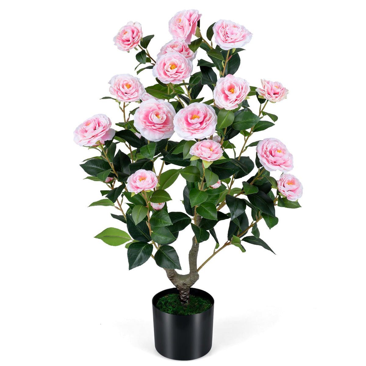 Lucktree 35.5" Artificial Camellia Tree Faux Floral Plant Blooming Tree in Cement Pot