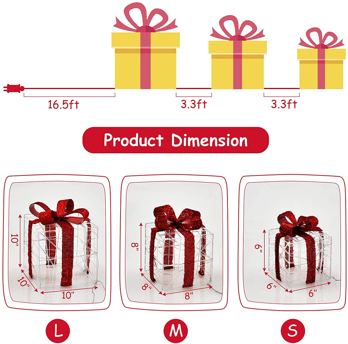 Lighted Gift Boxes Christmas Decoration, Set of 3 White Present Ornament Boxes with 60 LED Lights - LucktreeUS