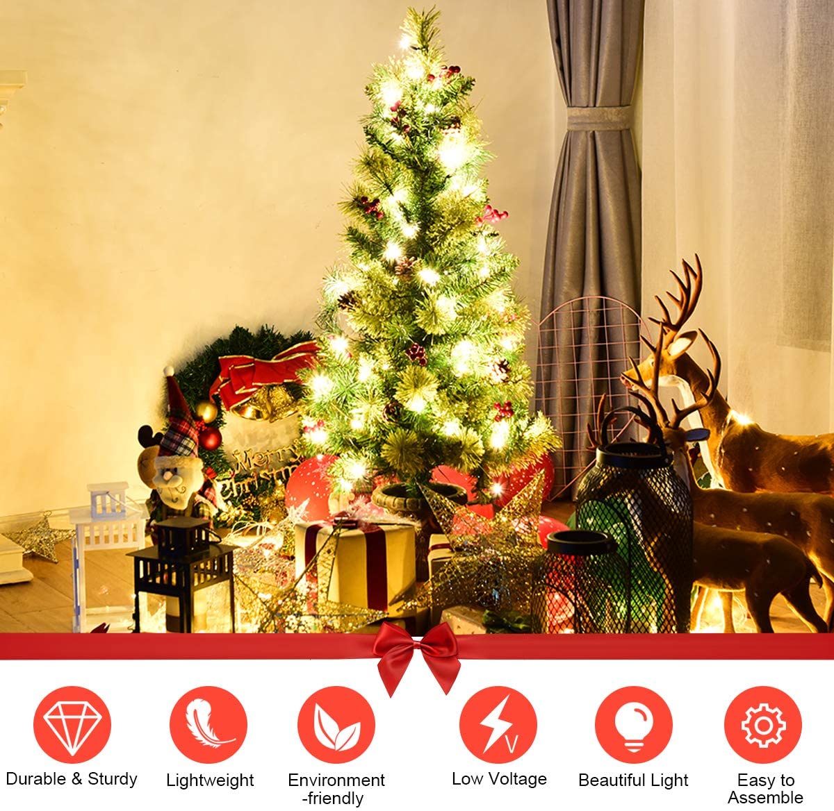 5 FT Christmas Tree Pre-Lit Tabletop Artificial Entrance Tree with 100 Led Lights - LucktreeUS