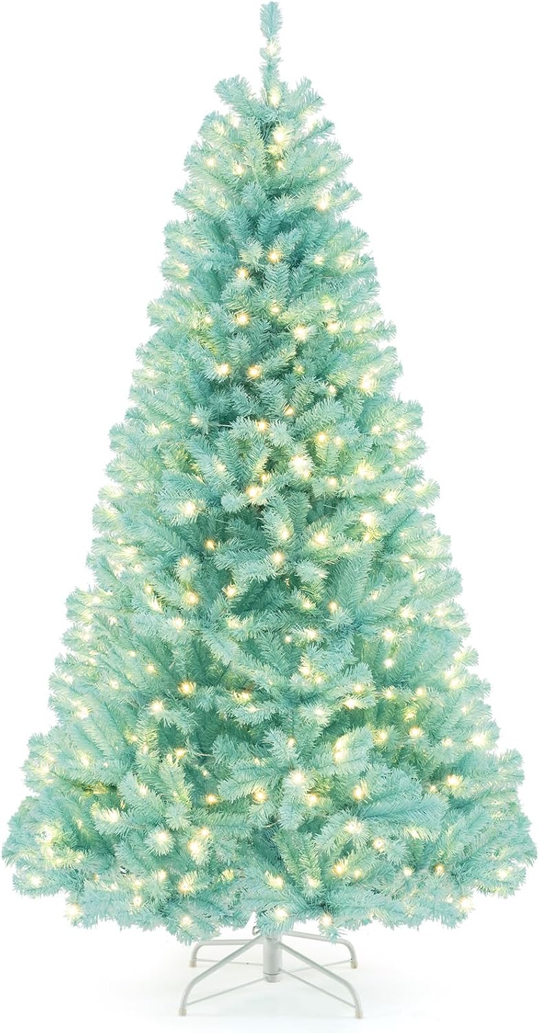 Lucktree 6/7 FT Blue Pre-Lit Christmas Tree, Artificial Hinged Xmas Full Tree with 280/380 Warm White LED Lights