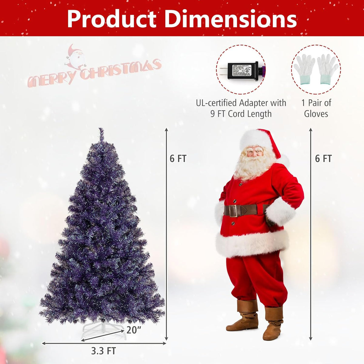 Lucktree 6FT / 7.5FT Pre-Lit Tinsel Christmas Tree with Warm White LED Lights