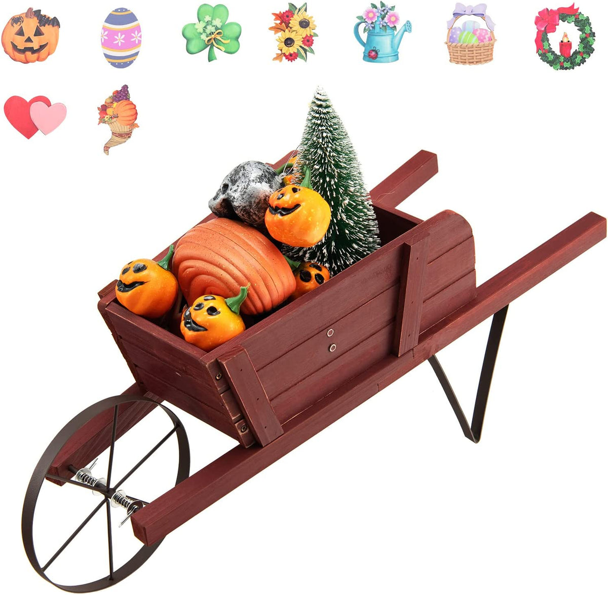 Lucktree Wooden Wagon Planter, Small Wheelbarrow Wagon Flower, Indoor & Outdoor Raised Bed