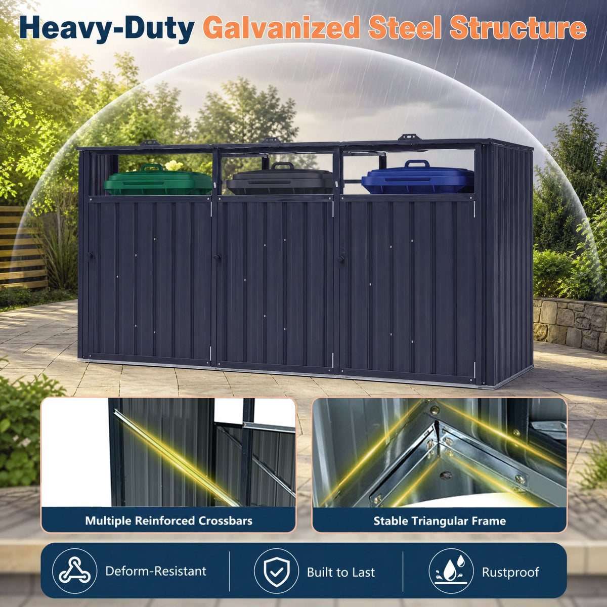 3-Bin Metal Trash Can Storage Shed, 238 x 79 CM Outdoor Garbage Shed with Flip-Up Lids & Lockable Doors