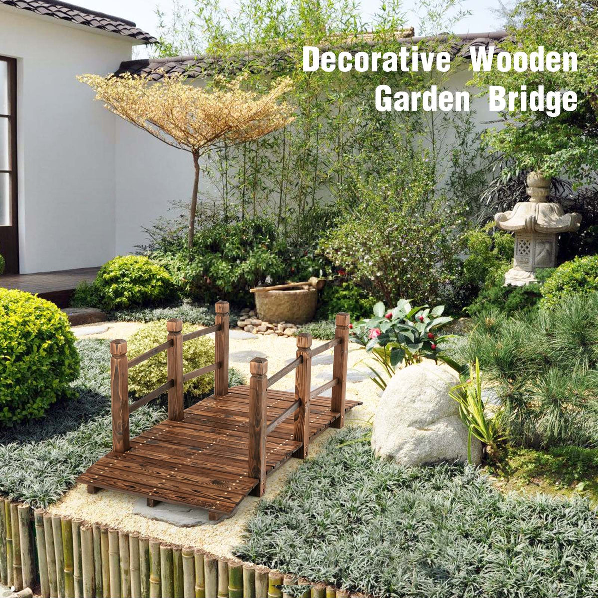Arched Outdoor Footbridge, 5 FT Fir Wood Garden Crossing with Dual Safety Side Rails