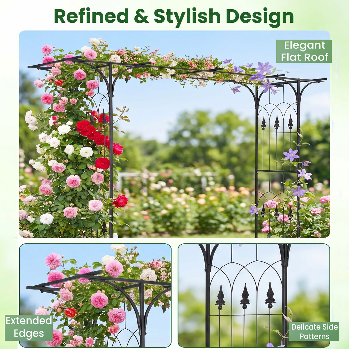 <p>Garden Arbor, 215cm Arch Trellis w/Extended Roof for Climbing Plants Roses Vines