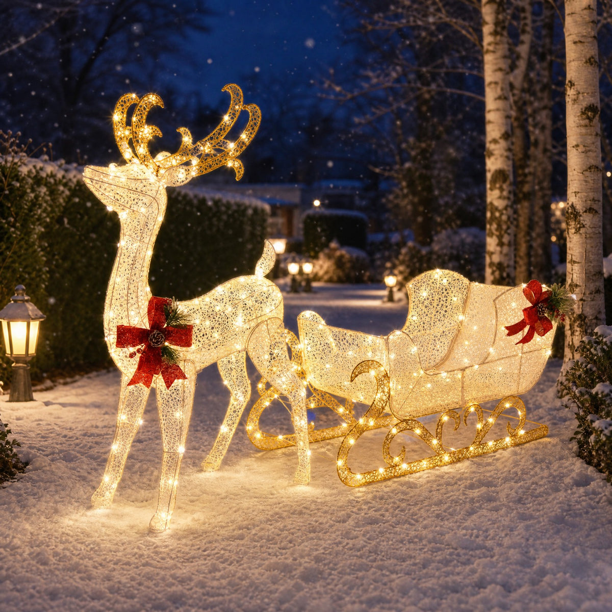 Pre-lit Artificial Christmas Decoration, Lighted Christmas Reindeer and Sleigh with LED Lights