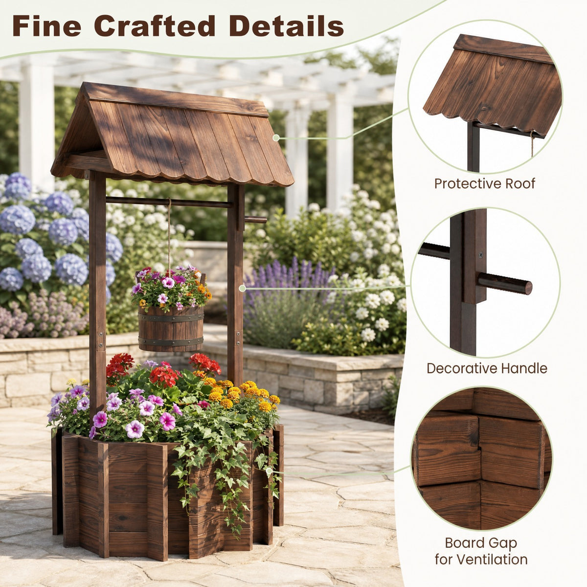 Rustic Outdoor Garden Decoration with Solid Fir Wood Construction, Wooden Wishing Well Planter with Hanging Bucket