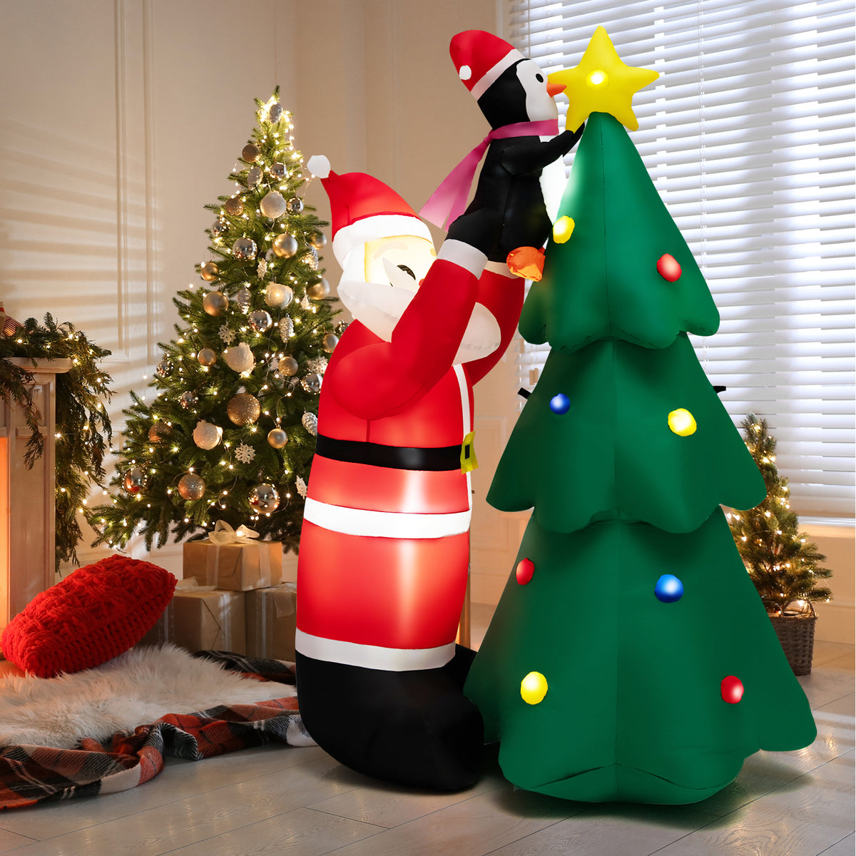 6FT Inflatable Christmas Decoration, Blow Up Christmas Tree & Santa Claus with Penguin
