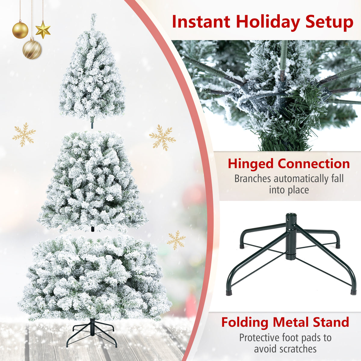 7/6/8 FT Snow-Flocked Artificial Christmas Tree, Pre-lit Xmas Tree