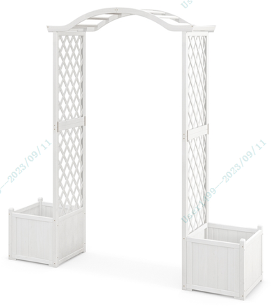 Wooden Garden Arbor with Planter Boxes, White Trellis Archway for Climbing Plants & Decorations