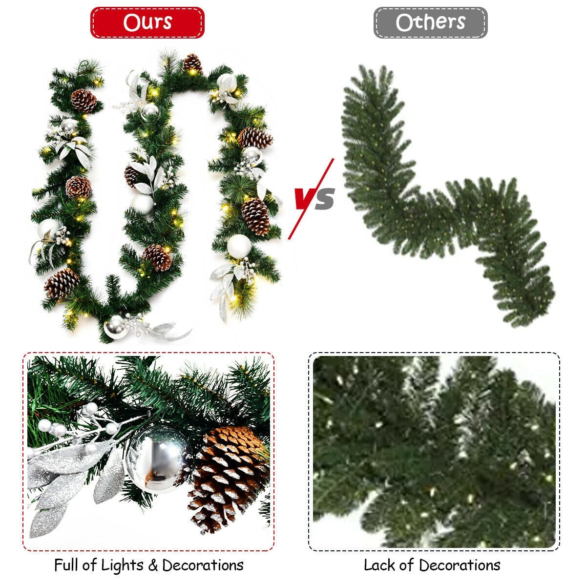 9FT Pre-lit Christmas Garland, with 50 LED Lights - LucktreeUS