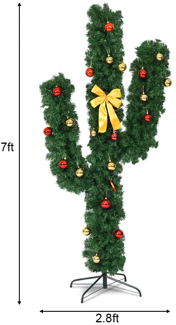 Pre-Lit Artificial Cactus Christmas Tree with LED Lights and Ball Ornaments -  Lucktree