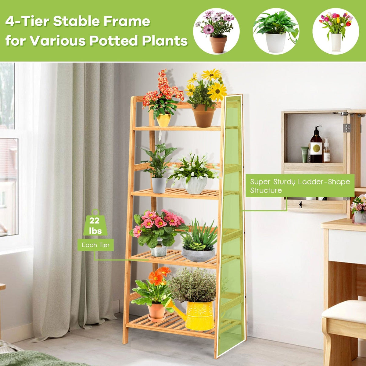 4-Tier Ladder Shelf Plant Stand, Bamboo Flower Pots Holder Display Rack - Lucktree