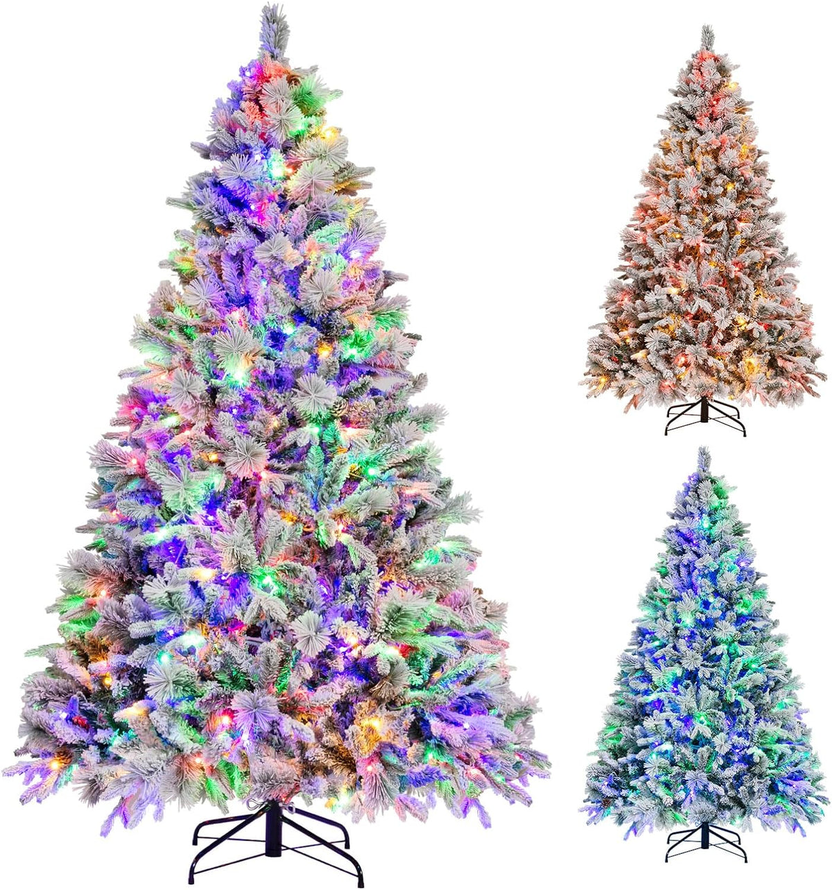 Lucktree Pre-Lit Snow Flocked Christmas Tree, Artificial Hinged Xmas Tree with 160 Multi-Color LED Lights
