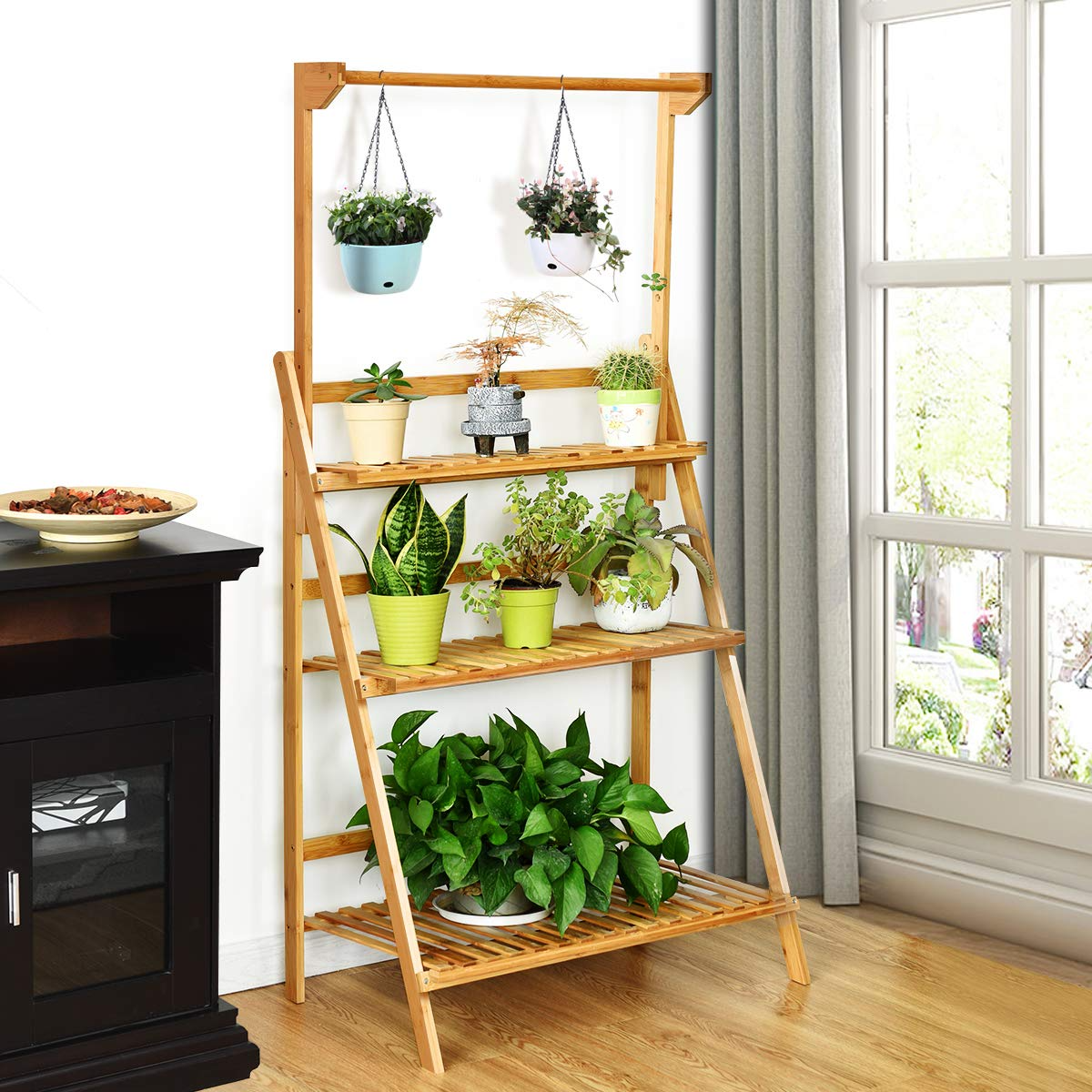 Lucktree 3-Tier Hanging Plant Stand Storage Shelf, Folding Flower Pot Organizer Display Storage Rack