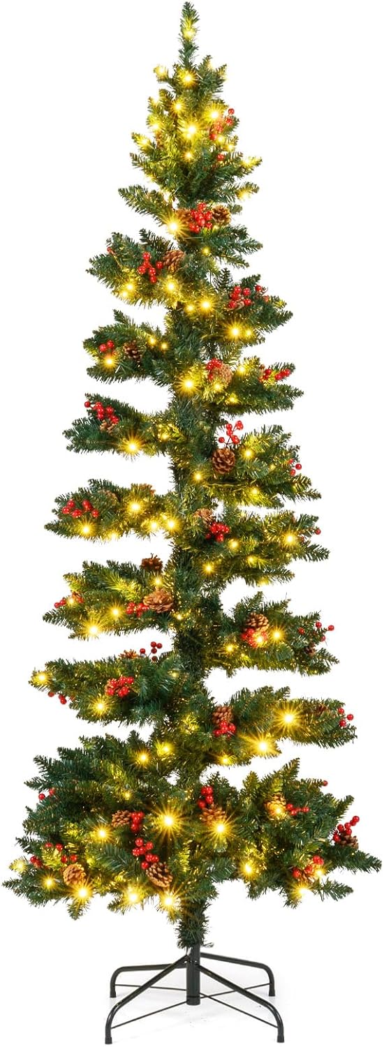 Lucktree 6FT / 7FT Pre-Lit Spiral Christmas Tree with Branch Tips Pine Cones Red Berries