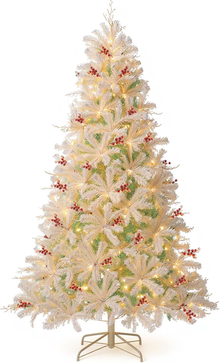 Lucktree 6FT / 7FT Hinged Lighted Xmas Tree with Snow Flocked Branch Tips & LED Lights