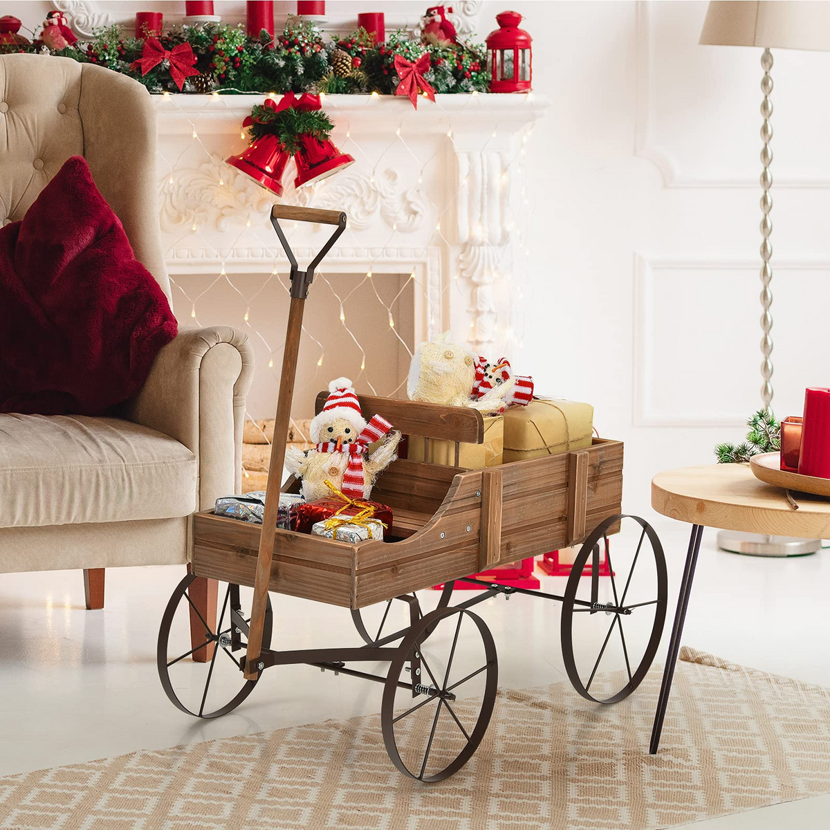 Lucktree Decorative Garden Planter, Small Wagon Cart with Metal Wheels, Wood Raised Beds Plant Pot Stand for Backyard Garden Patio 24.5"x13.5"x24"
