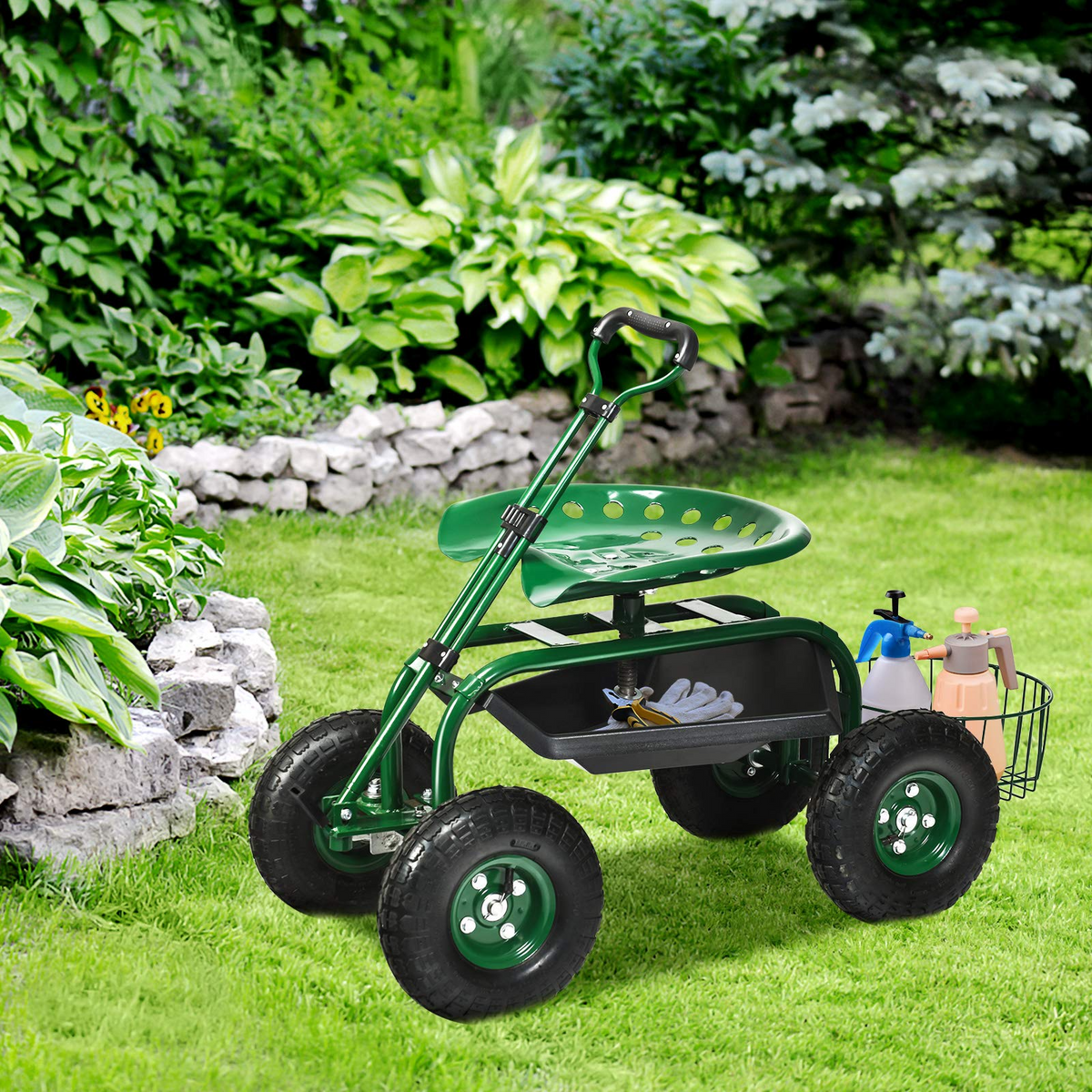 4-Wheel Garden Workseat with Storage Basket - Lucktree