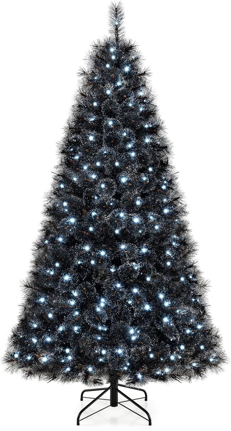 Lucktree 6/7/8 ft Pre-Lit Black Halloween Christmas Tree, Artificial Hinged Xmas Full Tree with 362/572/860 Pine Needles & PVC Branch Tips