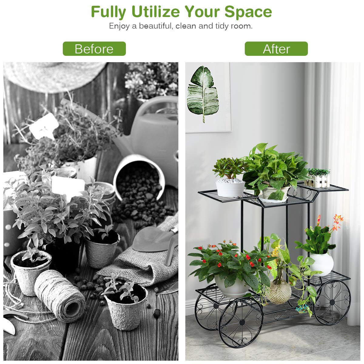 Lucktree Garden Cart Metal Plant Stand with 4 Decorative Wheels