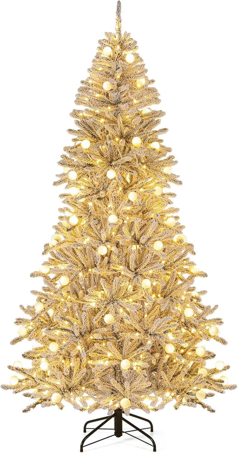 Lucktree Pre-Lit Snow Flocked Christmas Tree with Warm White LED Lights & Globe Lights
