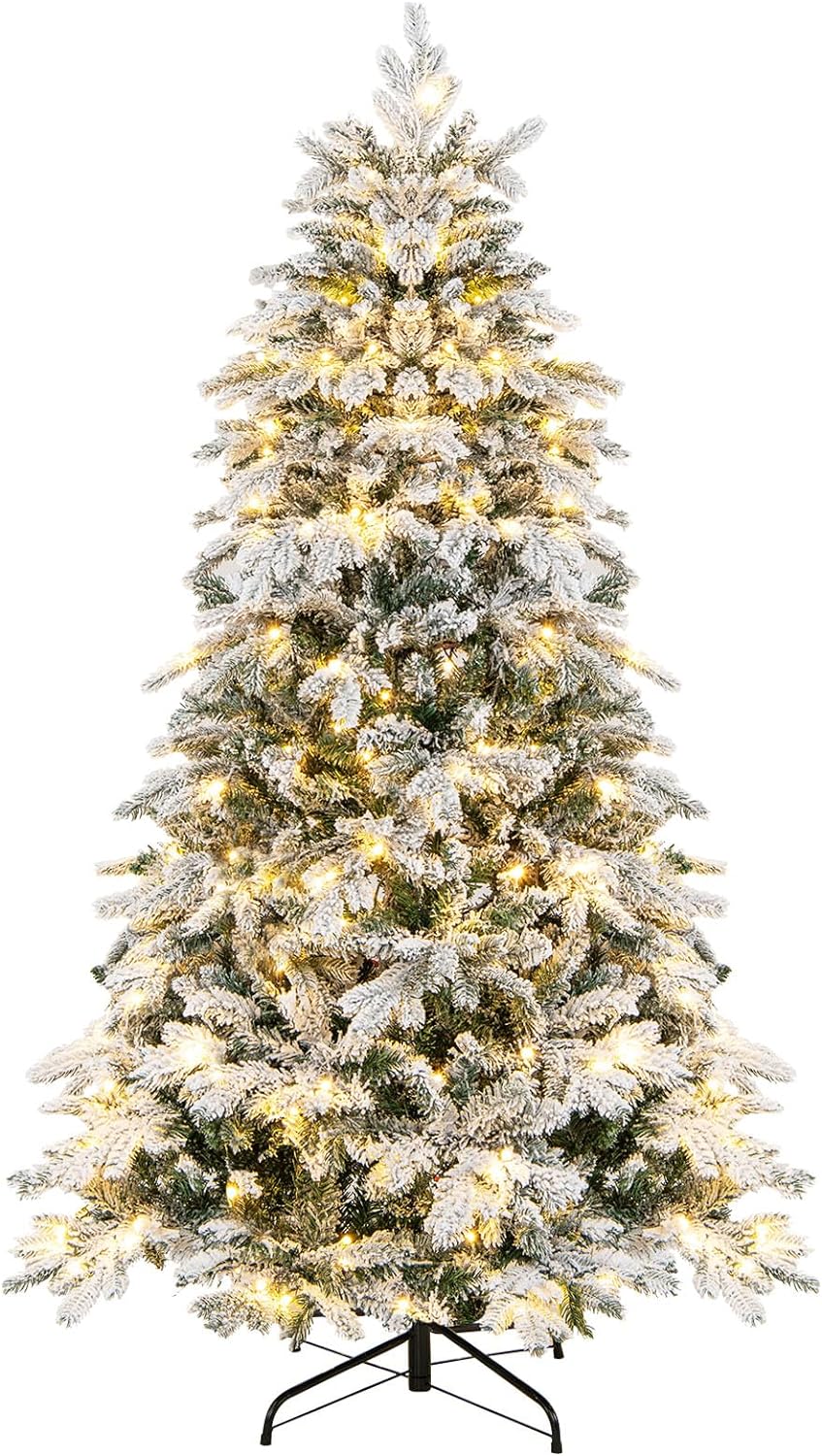 Lucktree Pre-Lit Snow Flocked Christmas Tree, Artificial Hinged Xmas Tree with Branch Tips, PE & PVC Mixed Leaves