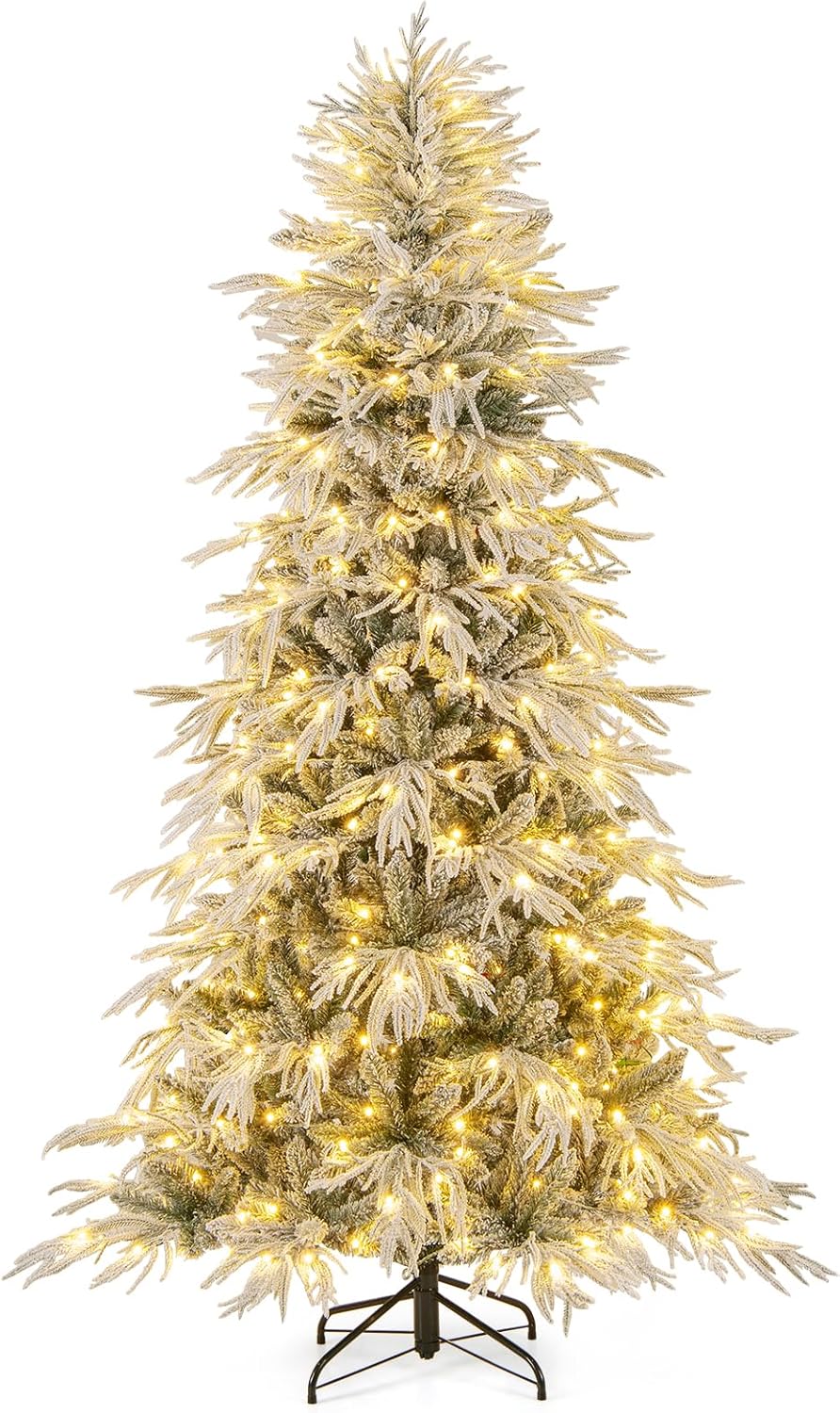Lucktree 6FT / 7FT / 8FT Pre-Lit Snow Flocked Christmas Tree with PE & PVC Mixed Branch Tips