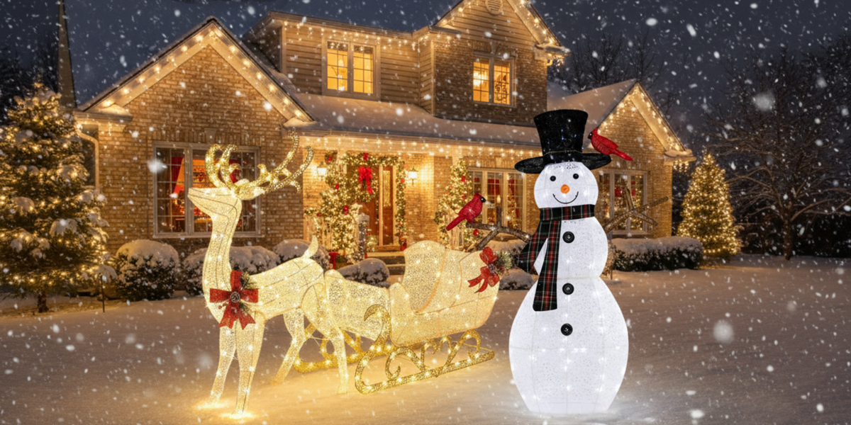 Christmas lights with snowmen and reindeer placed in the snow.