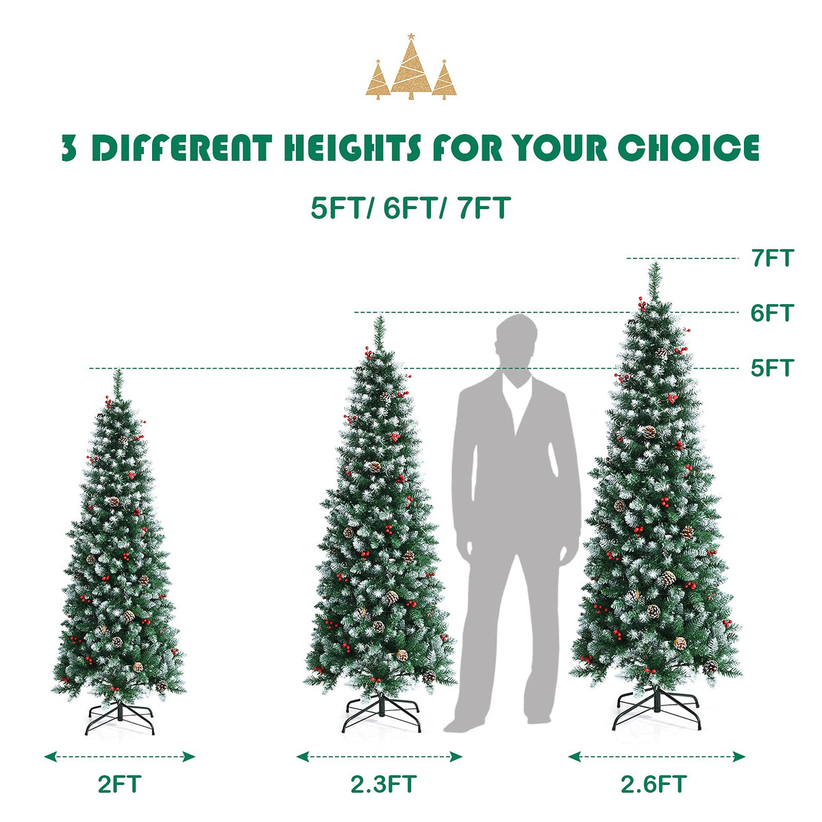 5ft Pre-lit Pencil Christmas Tree, Snow Flocked Artificial Hinged Xmas Tree - LucktreeUS