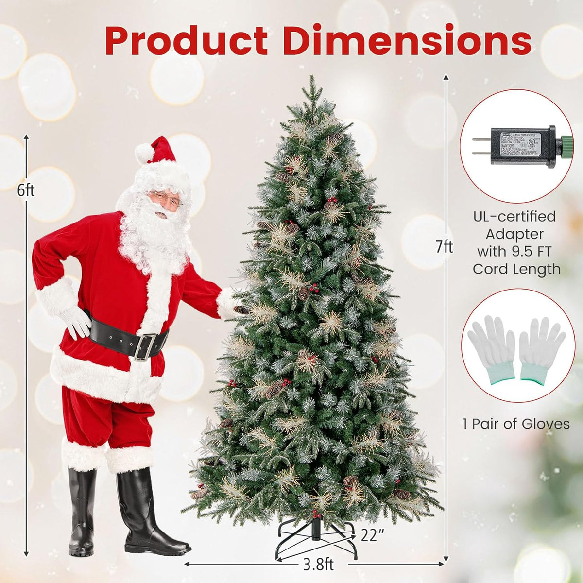 Lucktree 5FT / 6FT / 7FT Pre-Lit Artificial Christmas Tree with LED Lights Pine Cones Berries