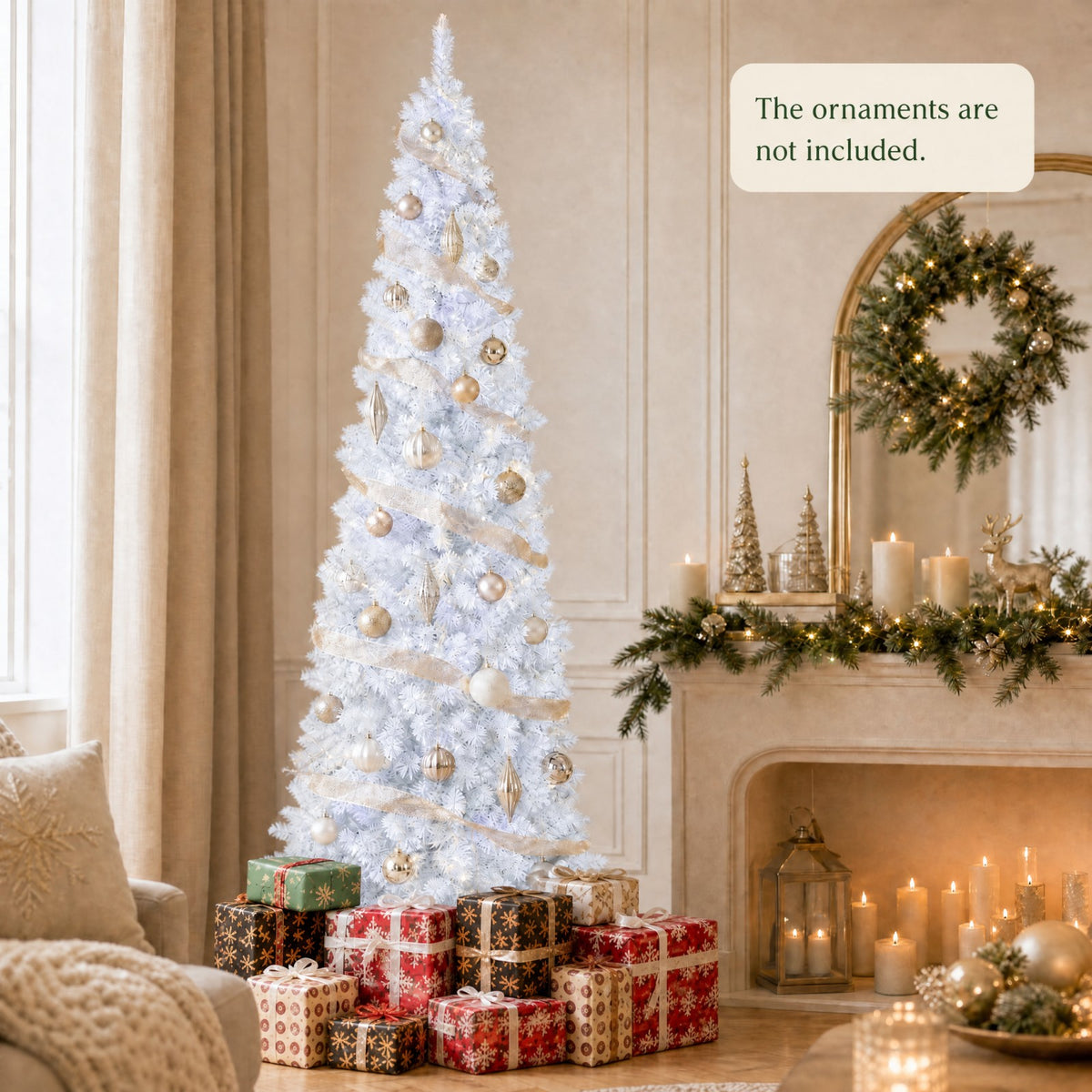 7 FT Christmas Pencil Tree, Hinged Holiday Tree with 300 Warm White LED Lights