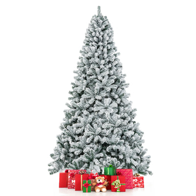 9FT Flocked Christmas Tree, Artificial Xmas Tree w/PVC Needles, Metal Stand