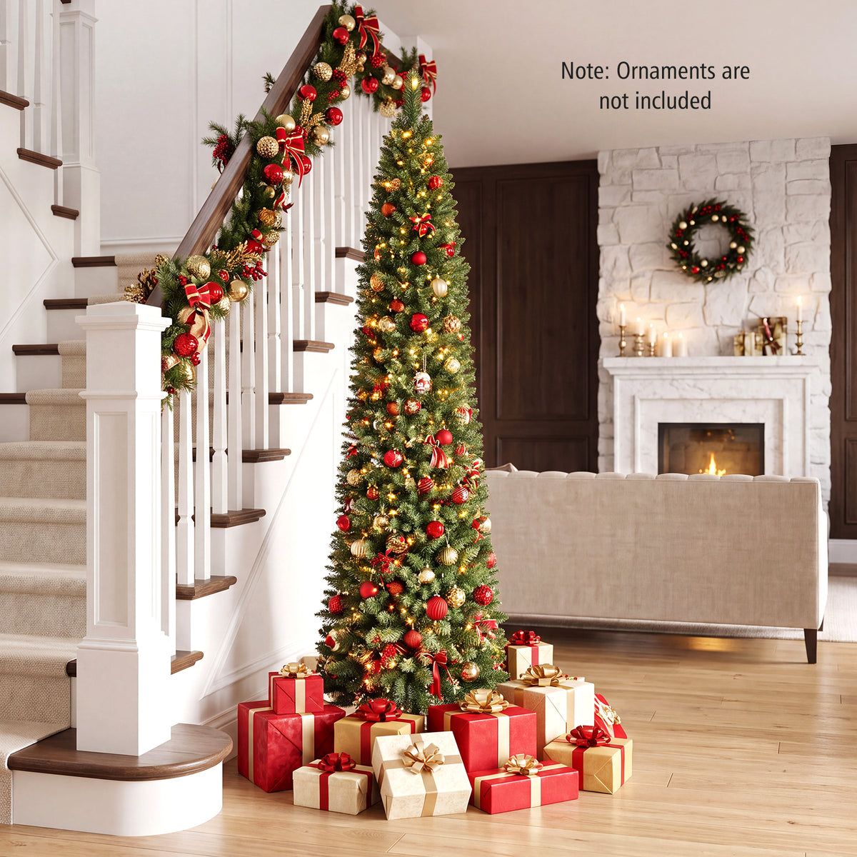 7FT Pre-Lit Pencil Christmas Tree, Slim Artificial Xmas Tree with Folding Metal Stand