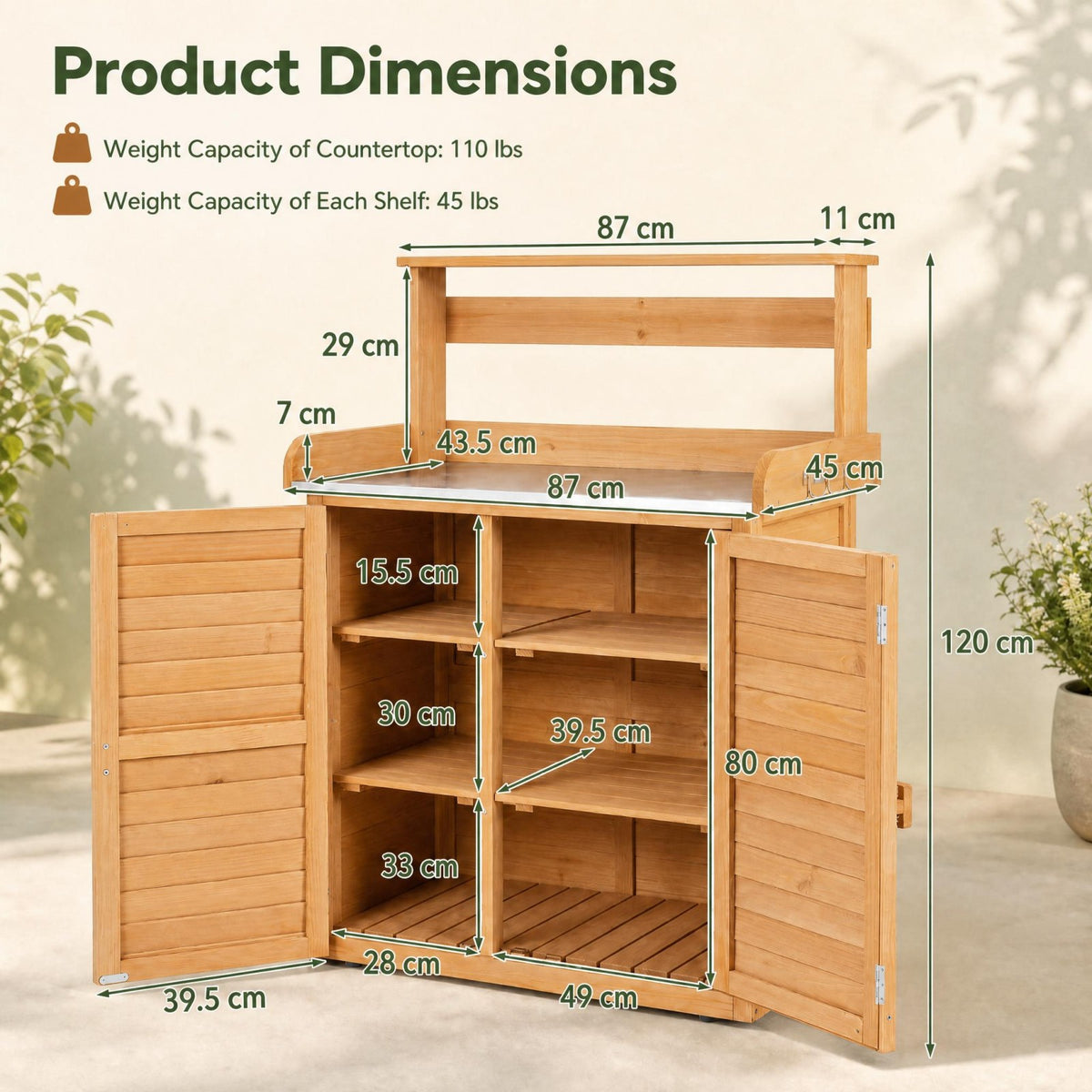 Garden Potting Bench Table, Wood Plant Workstation w/ Stainless Steel Tabletop