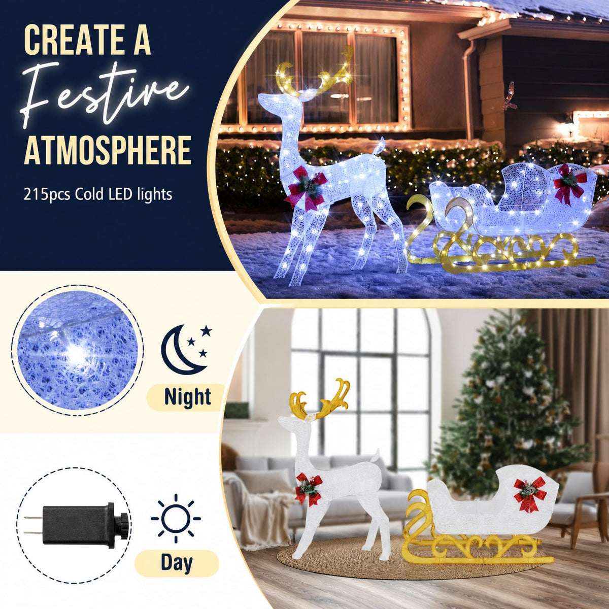 Pre-lit Artificial Christmas Decoration, Lighted Christmas Reindeer and Sleigh with LED Lights