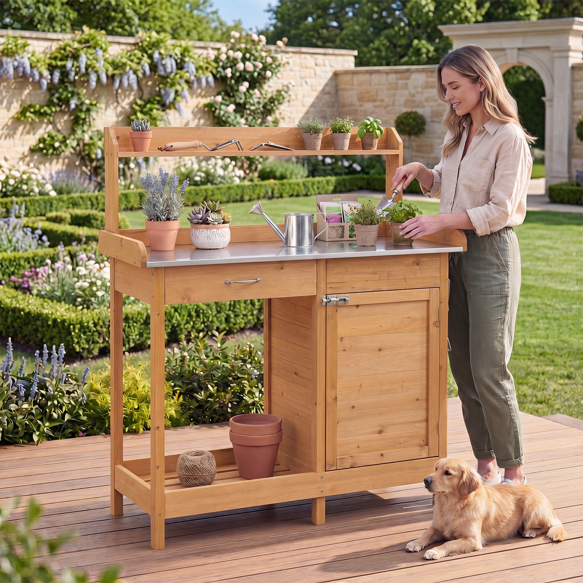 Wooden Potting Bench Table, Outdoor Garden Planting Table with Cabinet Drawer
