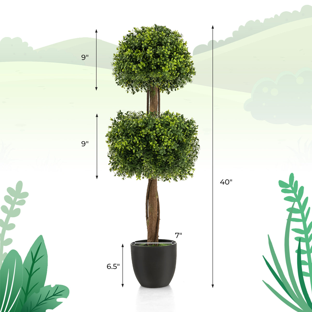 40" Artificial Boxwood Topiary Ball Tree, Double Ball Boxwood Plant with Cement-Filled Plastic Pot
