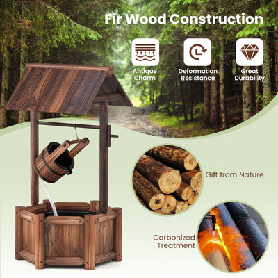 44.5-Inch Vintage Wishing Well Water Fountain with Bucket Pump, Rustic Carbonized Wood Outdoor Garden Decoration
