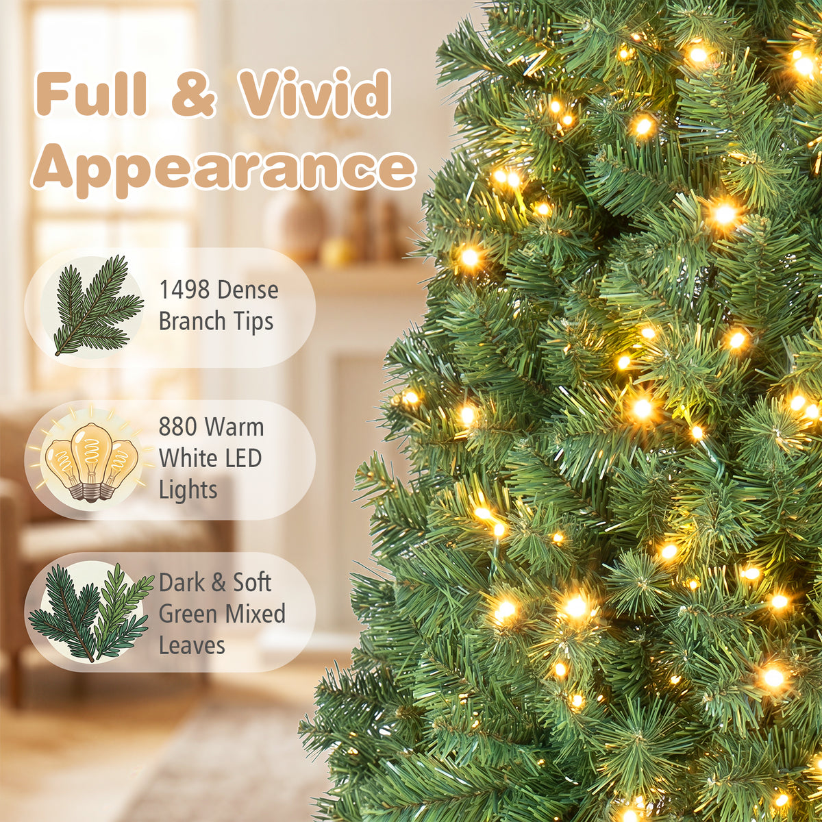 7 FT Pre-Lit Artificial Christmas Tree, 1188 Hinged Branch Tips